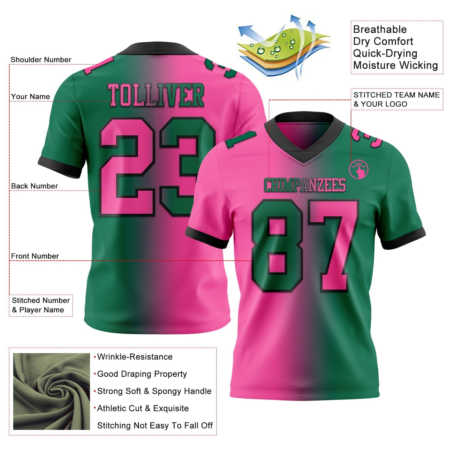 Custom Kelly Green Pink-Black Authentic Gradient Fashion Football Jersey