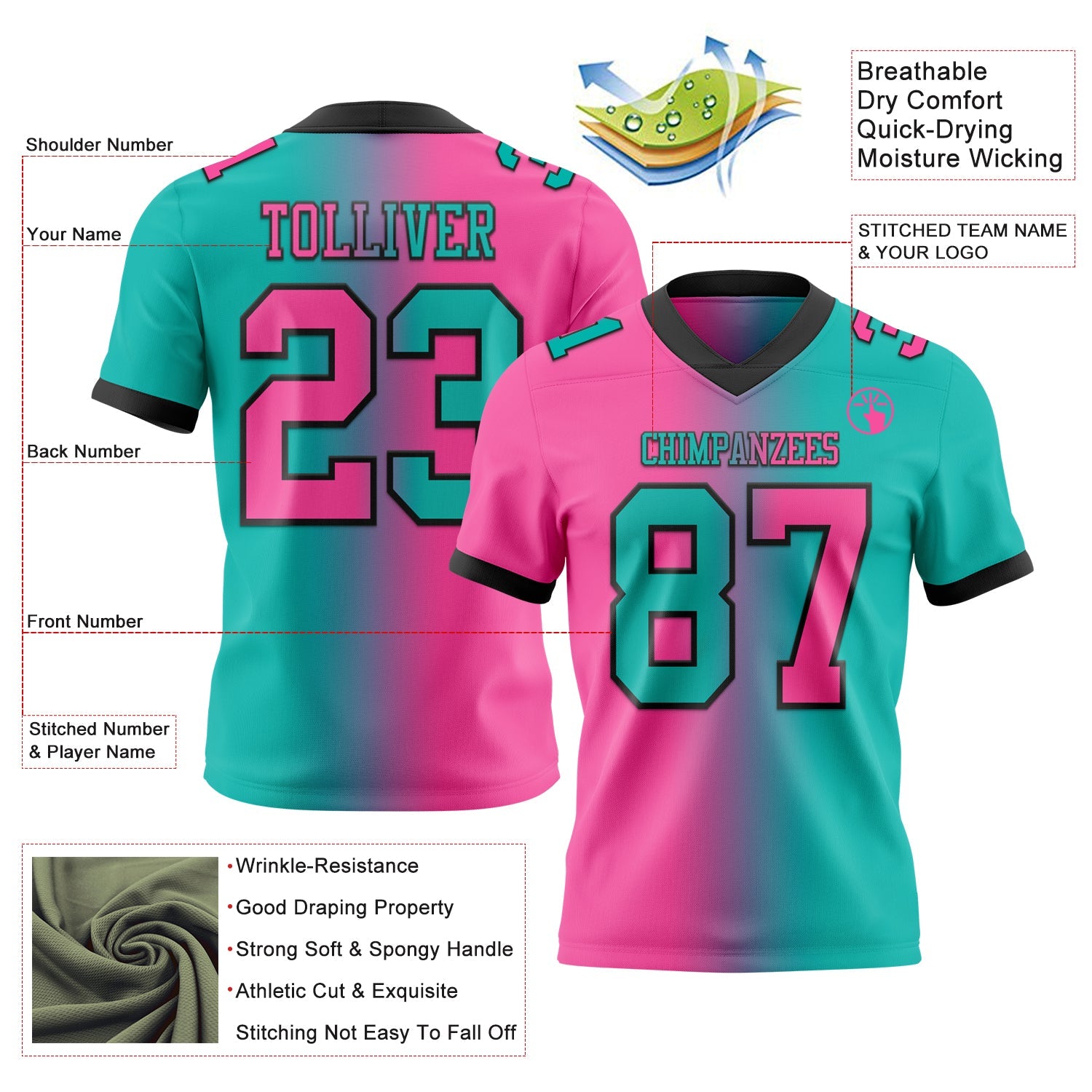 Custom Aqua Pink-Black Authentic Gradient Fashion Football Jersey