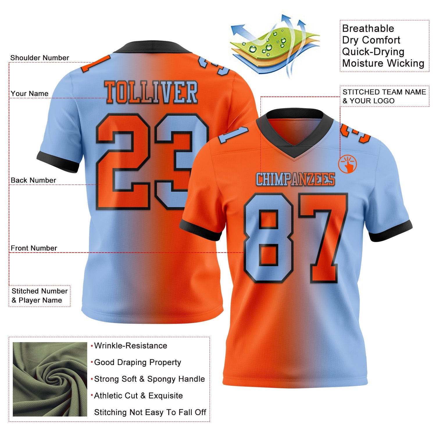 Custom Light Blue Orange-Black Authentic Gradient Fashion Football Jersey