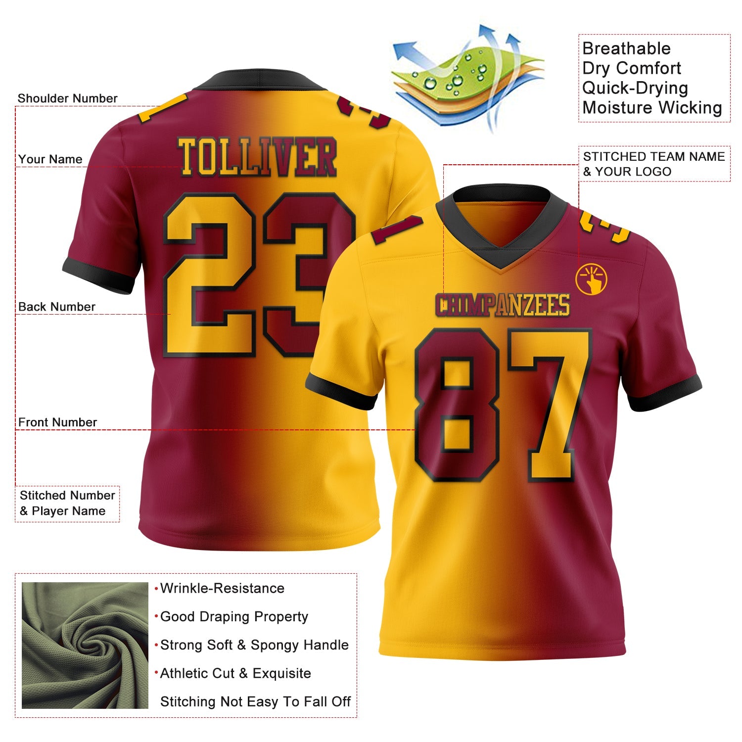 Custom Maroon Gold-Black Authentic Gradient Fashion Football Jersey