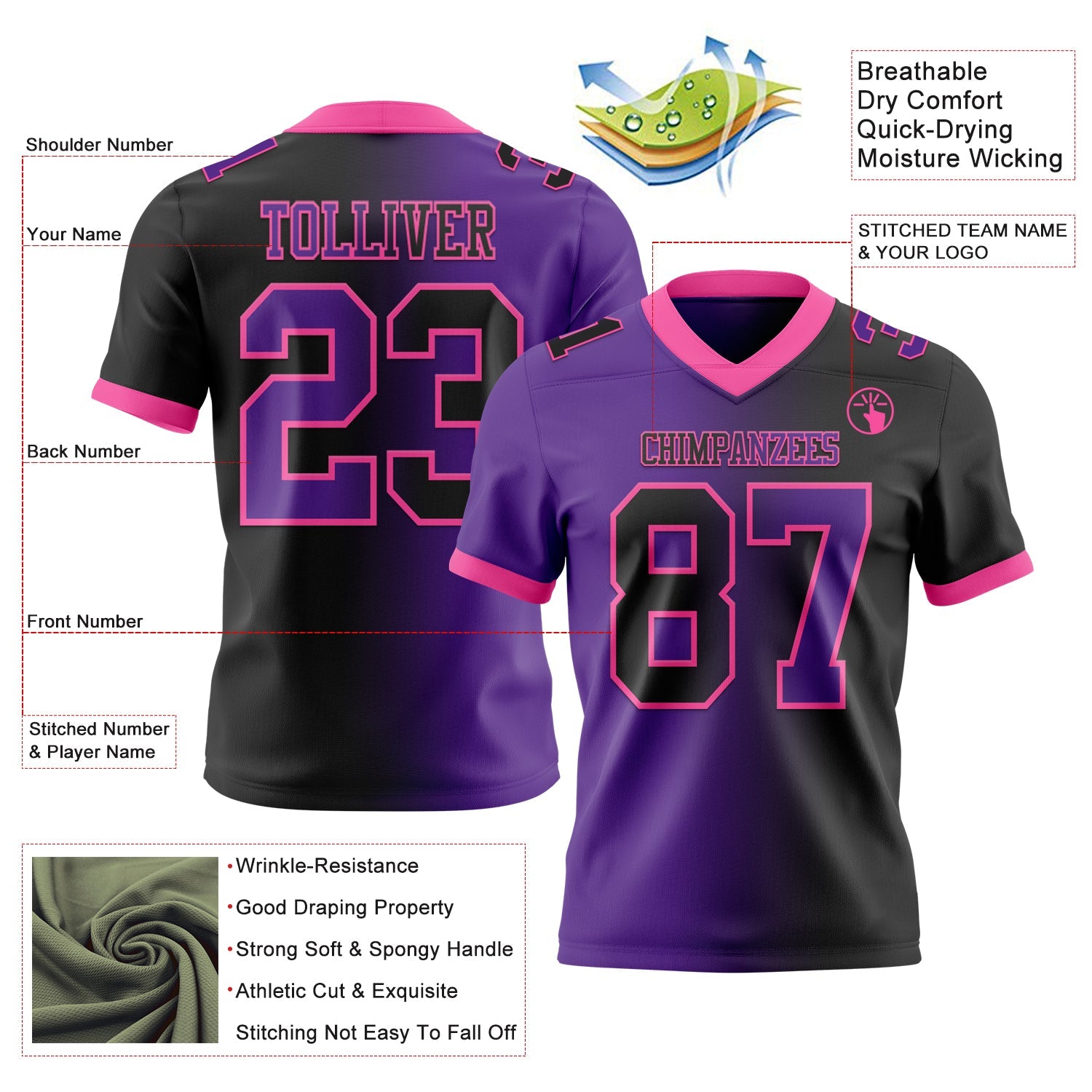 Custom Black Purple-Pink Authentic Gradient Fashion Football Jersey