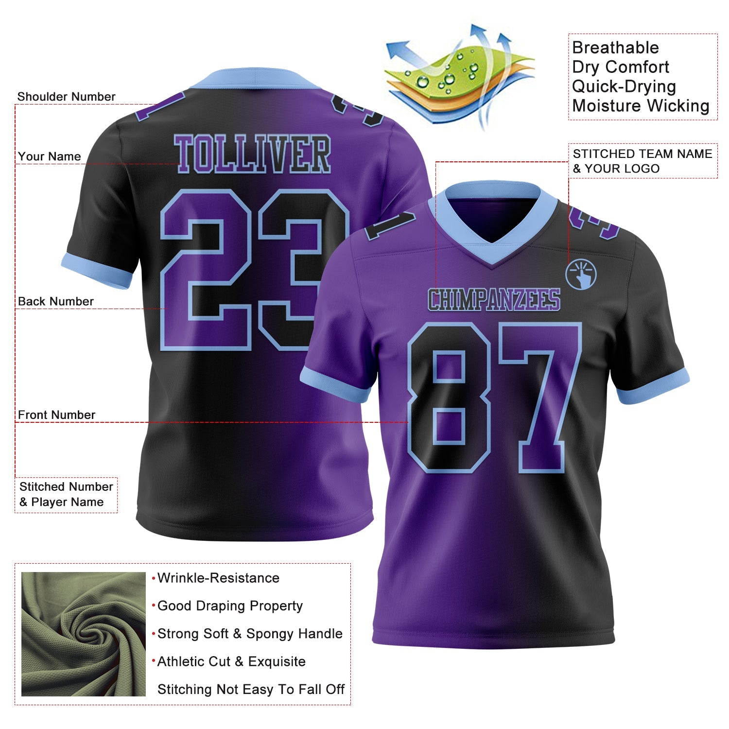 Custom Black Purple-Light Blue Authentic Gradient Fashion Football Jersey