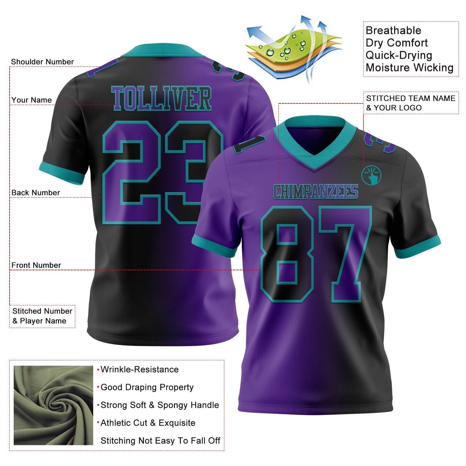 Custom Black Purple-Teal Authentic Gradient Fashion Football Jersey