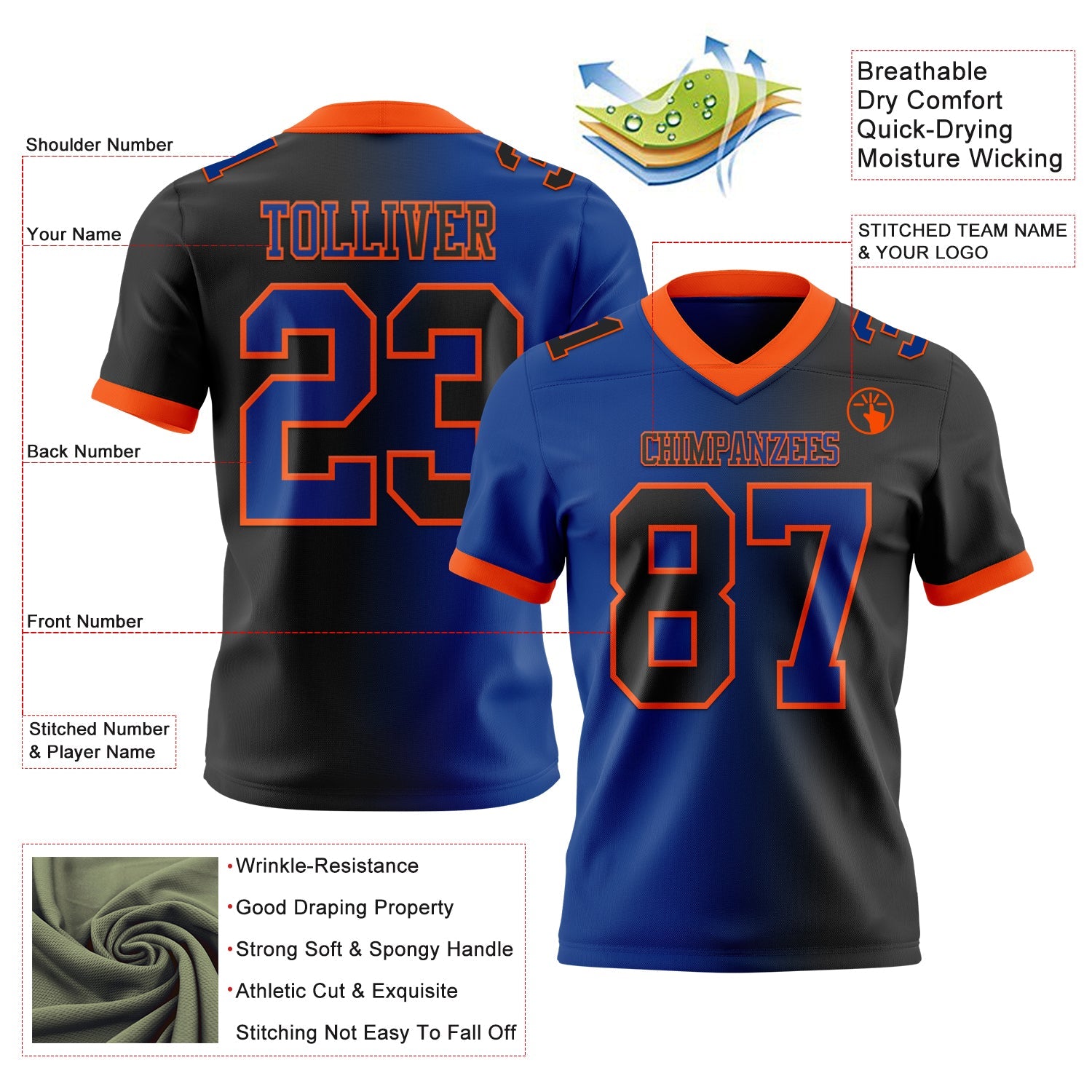 Custom Black Royal-Orange Authentic Gradient Fashion Football Jersey