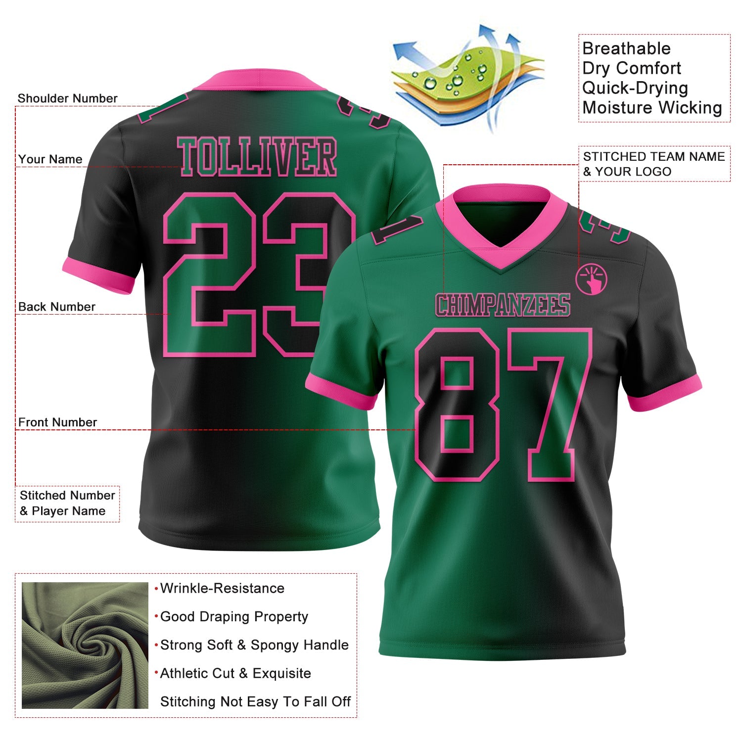 Custom Black Kelly Green-Pink Authentic Gradient Fashion Football Jersey