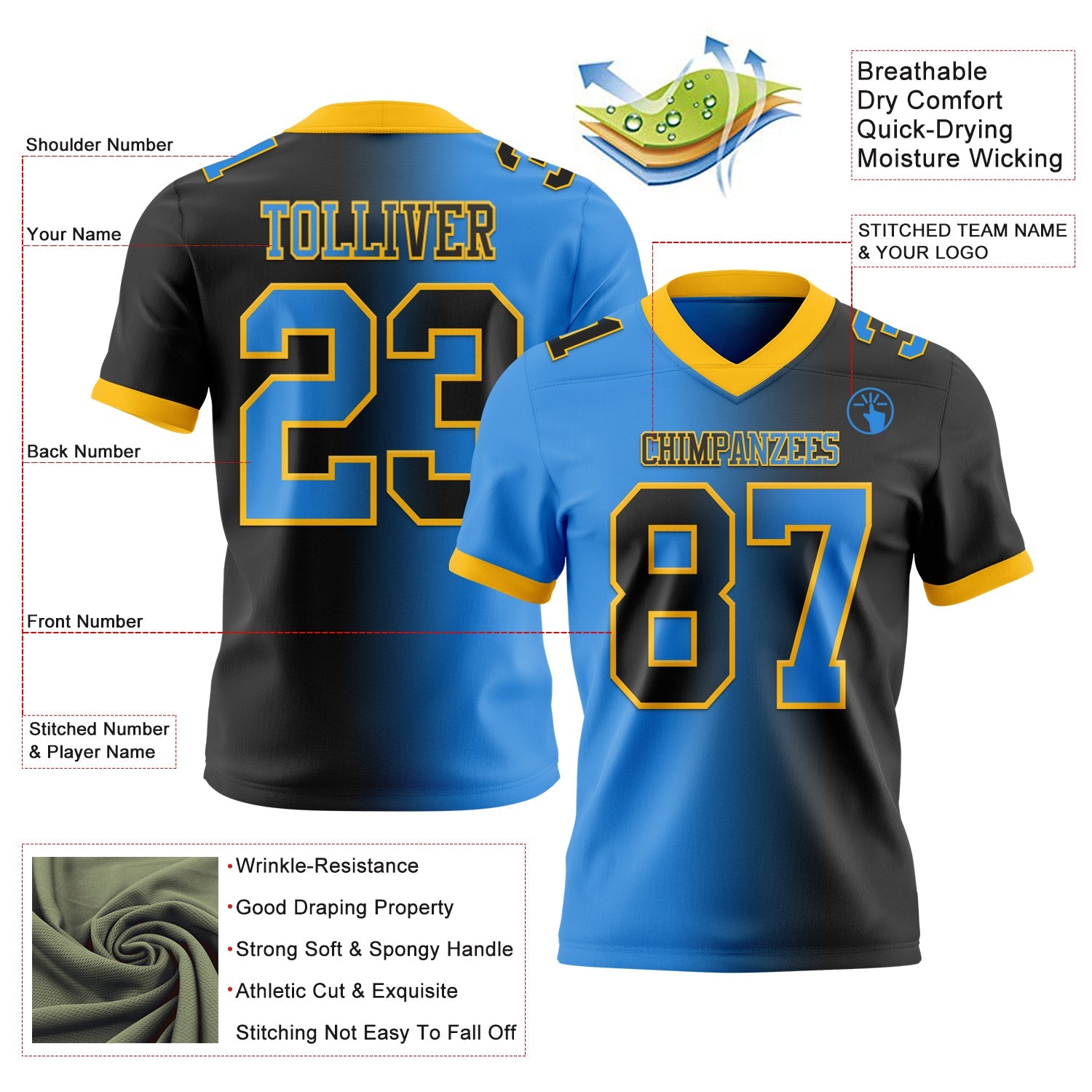 Custom Black Powder Blue-Gold Authentic Gradient Fashion Football Jersey