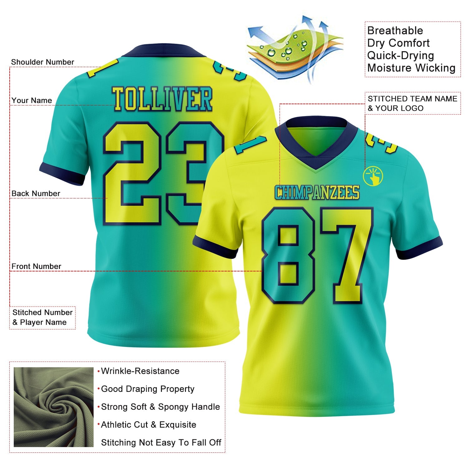 Custom Aqua Neon Yellow-Navy Authentic Gradient Fashion Football Jersey