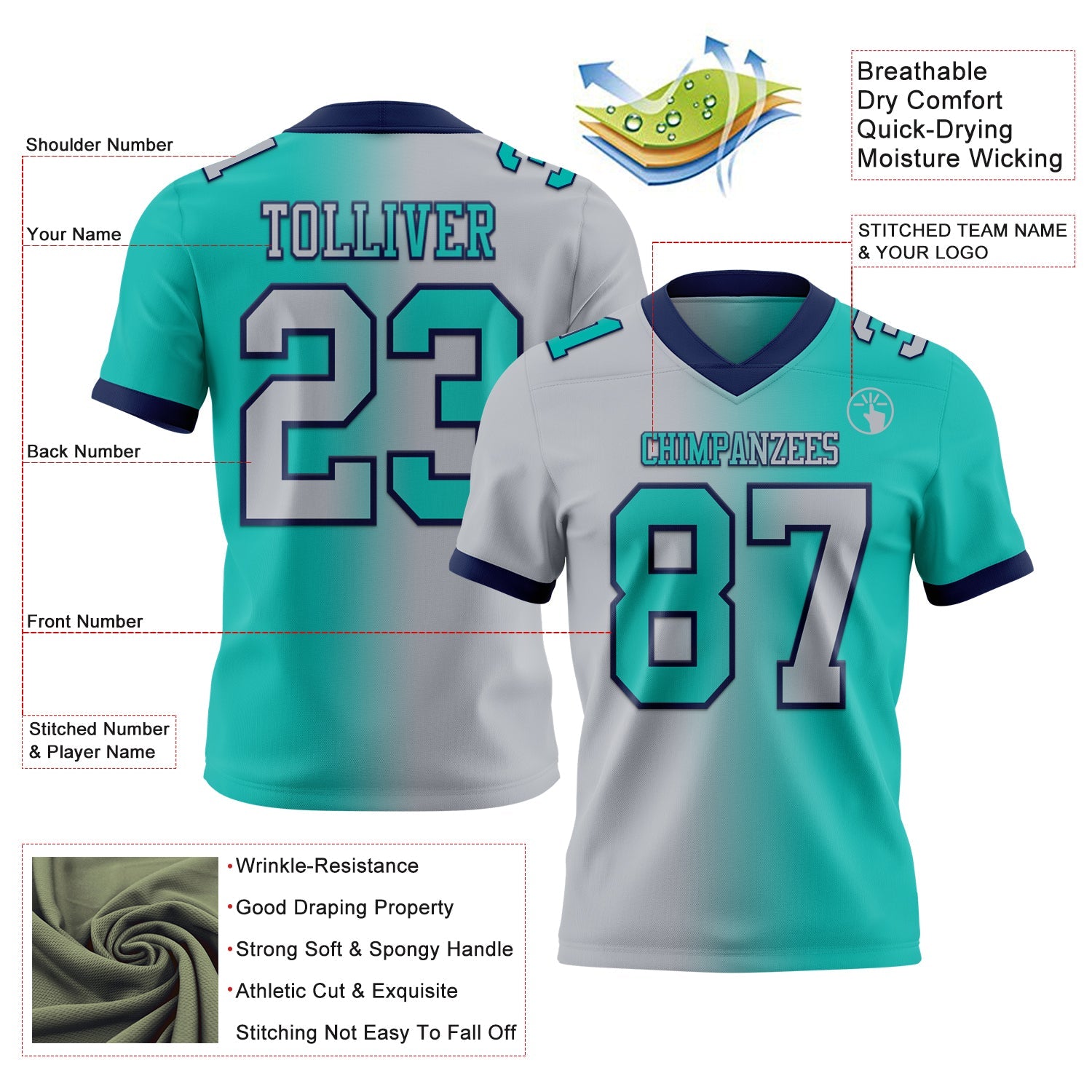 Custom Aqua Gray-Navy Authentic Gradient Fashion Football Jersey