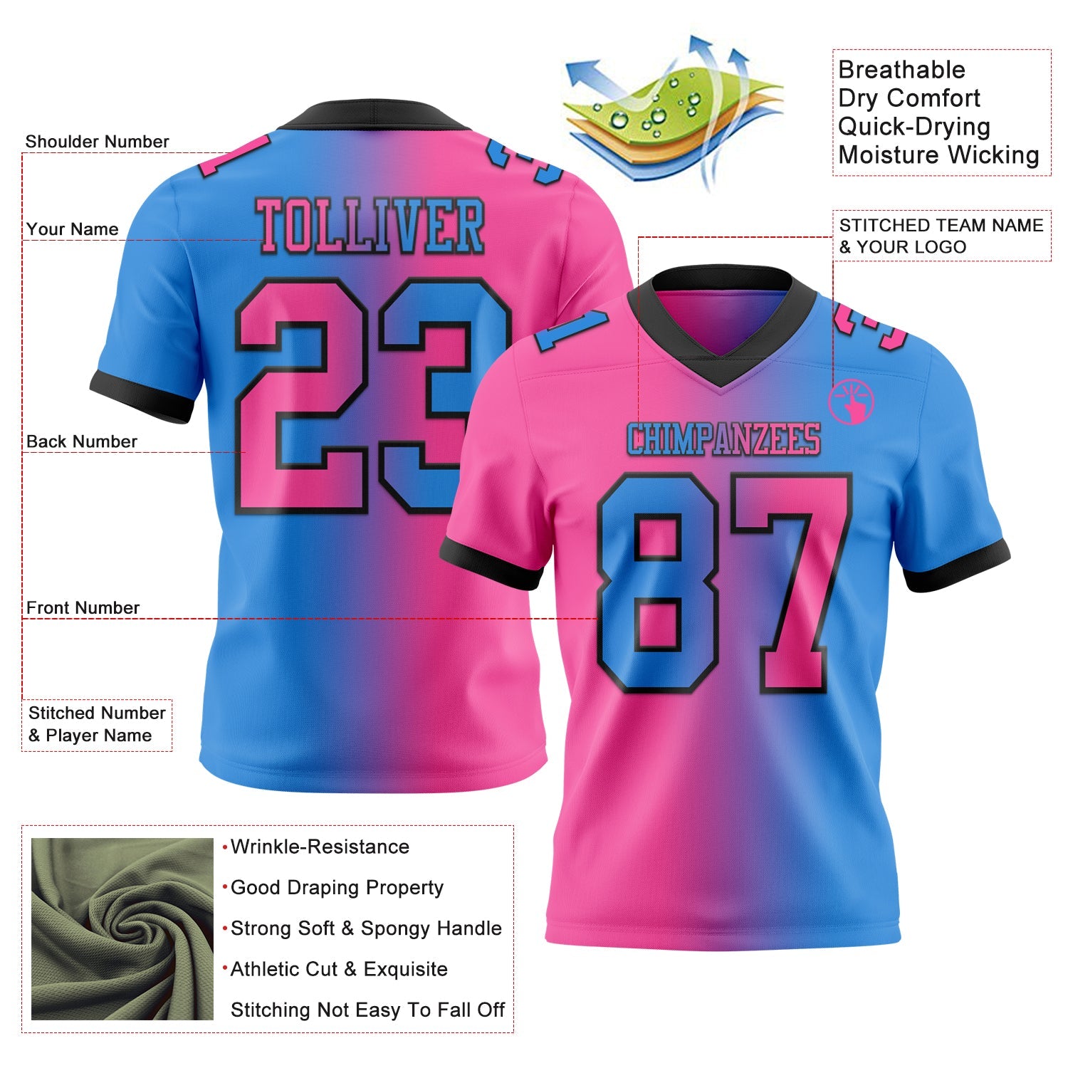 Custom Powder Blue Pink-Black Authentic Gradient Fashion Football Jersey
