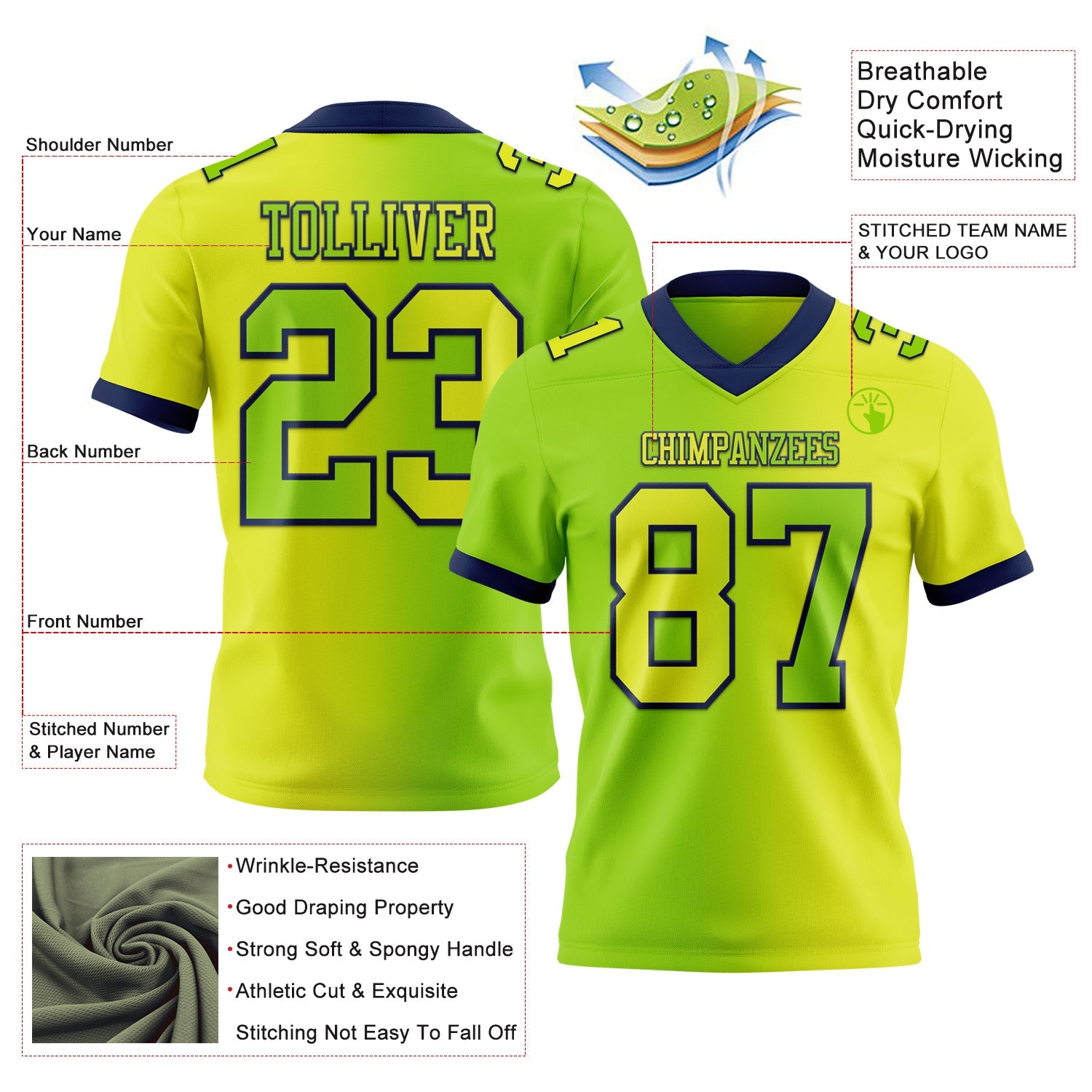 Custom Neon Yellow Neon Green-Navy Authentic Gradient Fashion Football Jersey