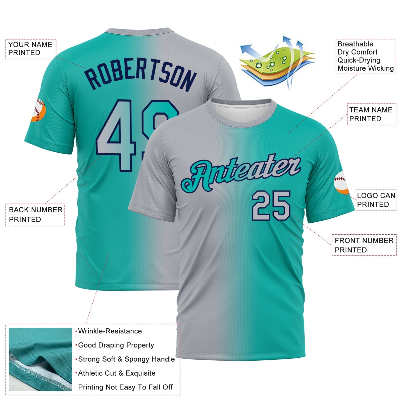 Custom Aqua Gray-Navy Gradient Fashion Performance T-Shirt