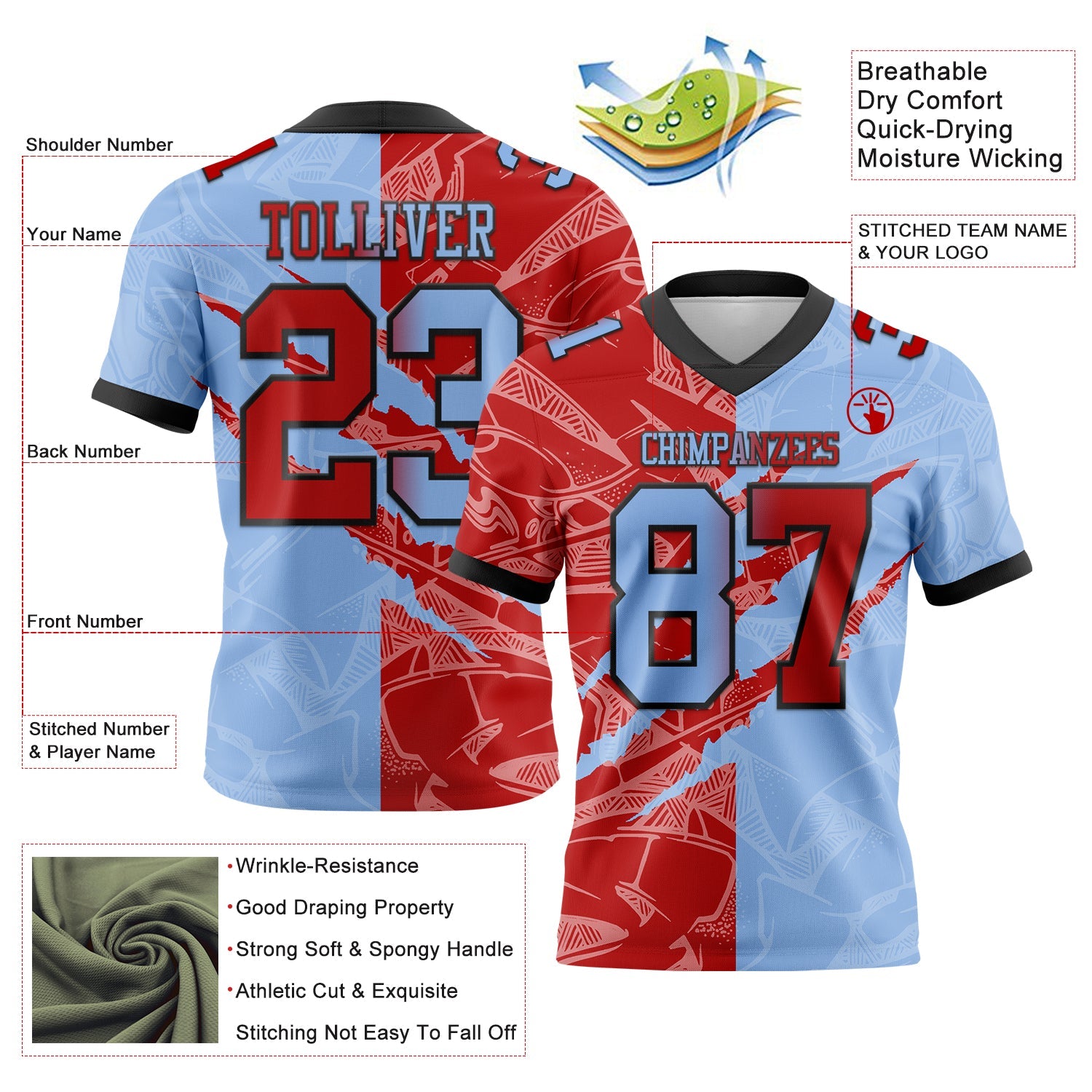 Custom Light Blue Red-Black Authentic Gradient Fashion Scratch Football Jersey