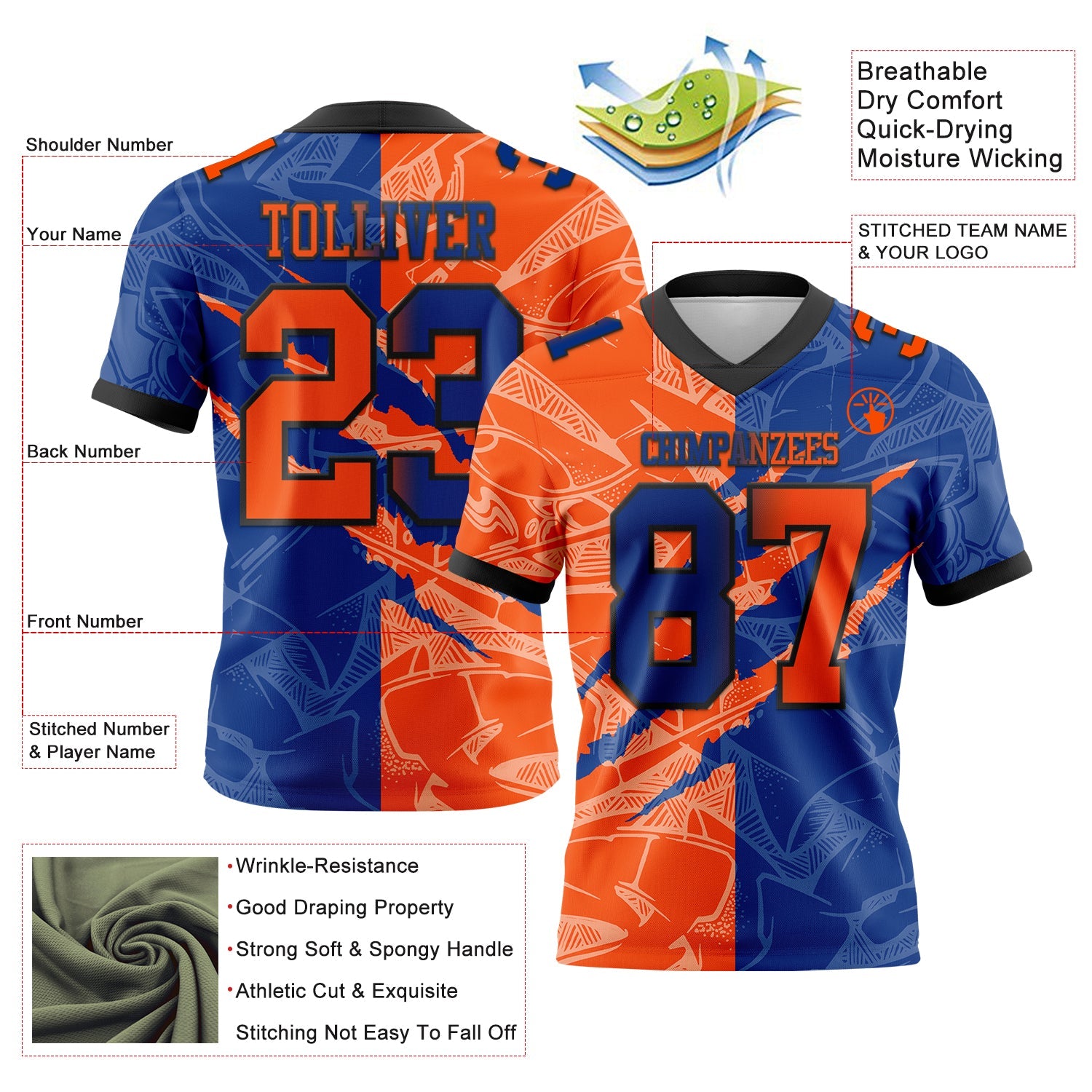 Custom Royal Orange-Black Authentic Gradient Fashion Scratch Football Jersey