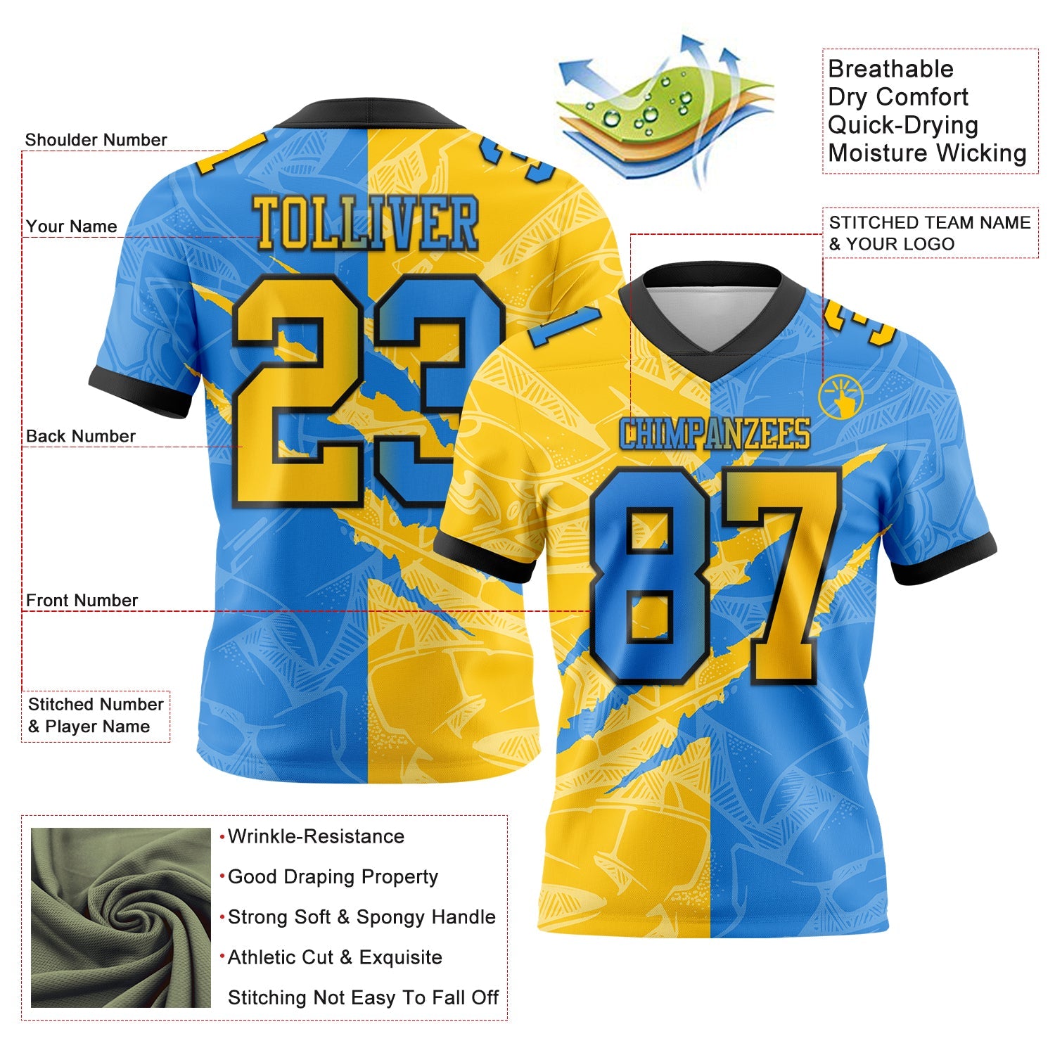 Custom Powder Blue Yellow-Black Authentic Gradient Fashion Scratch Football Jersey