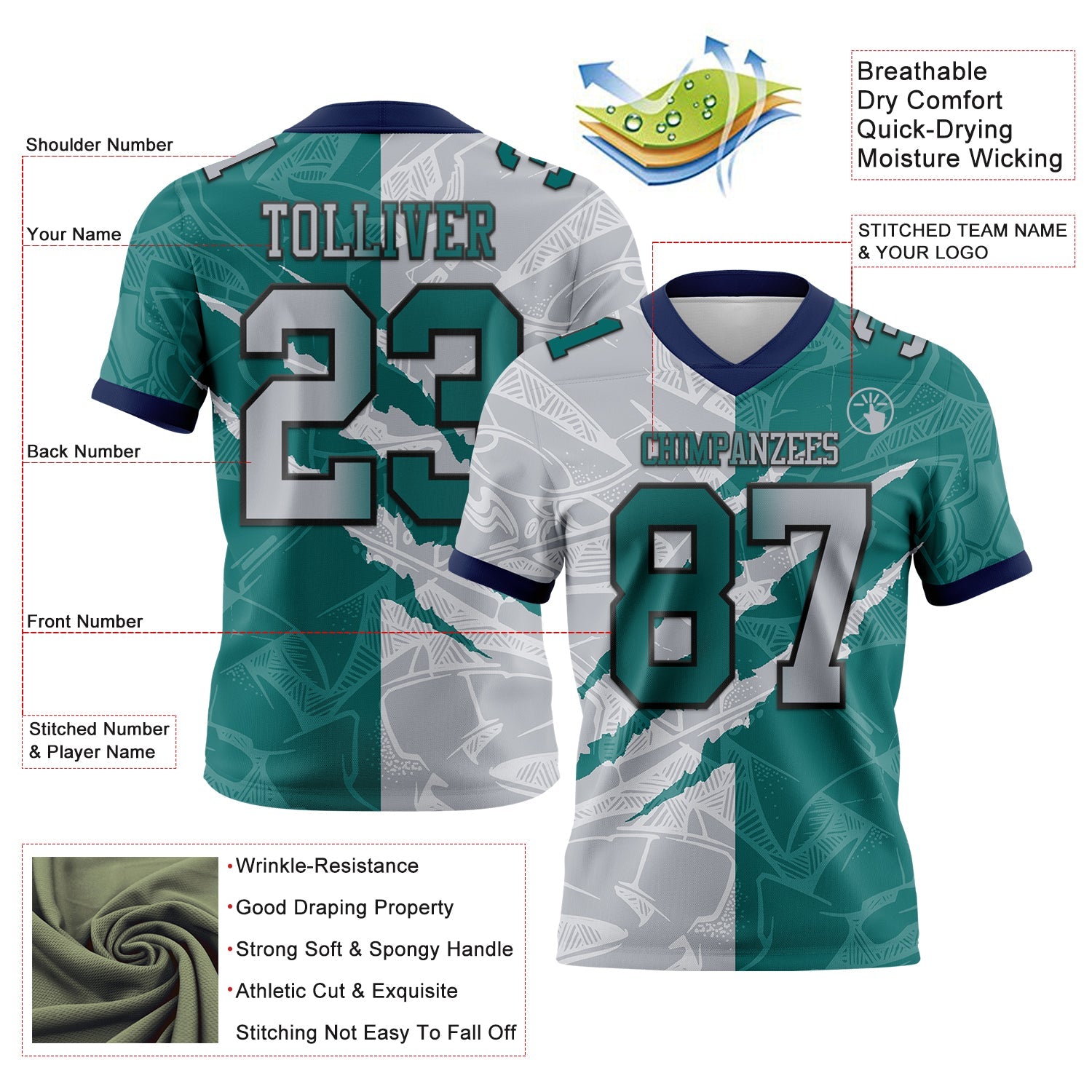 Custom Teal Gray-Navy Authentic Gradient Fashion Scratch Football Jersey