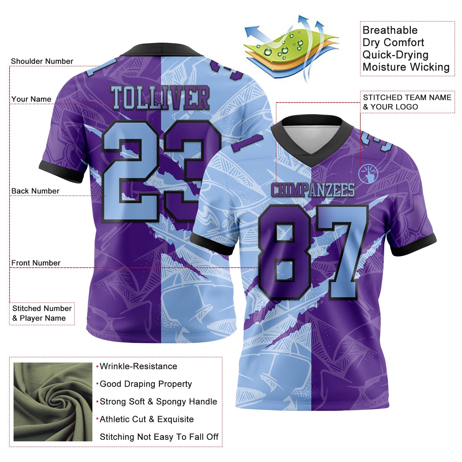 Custom Purple Light Blue-Black Authentic Gradient Fashion Scratch Football Jersey