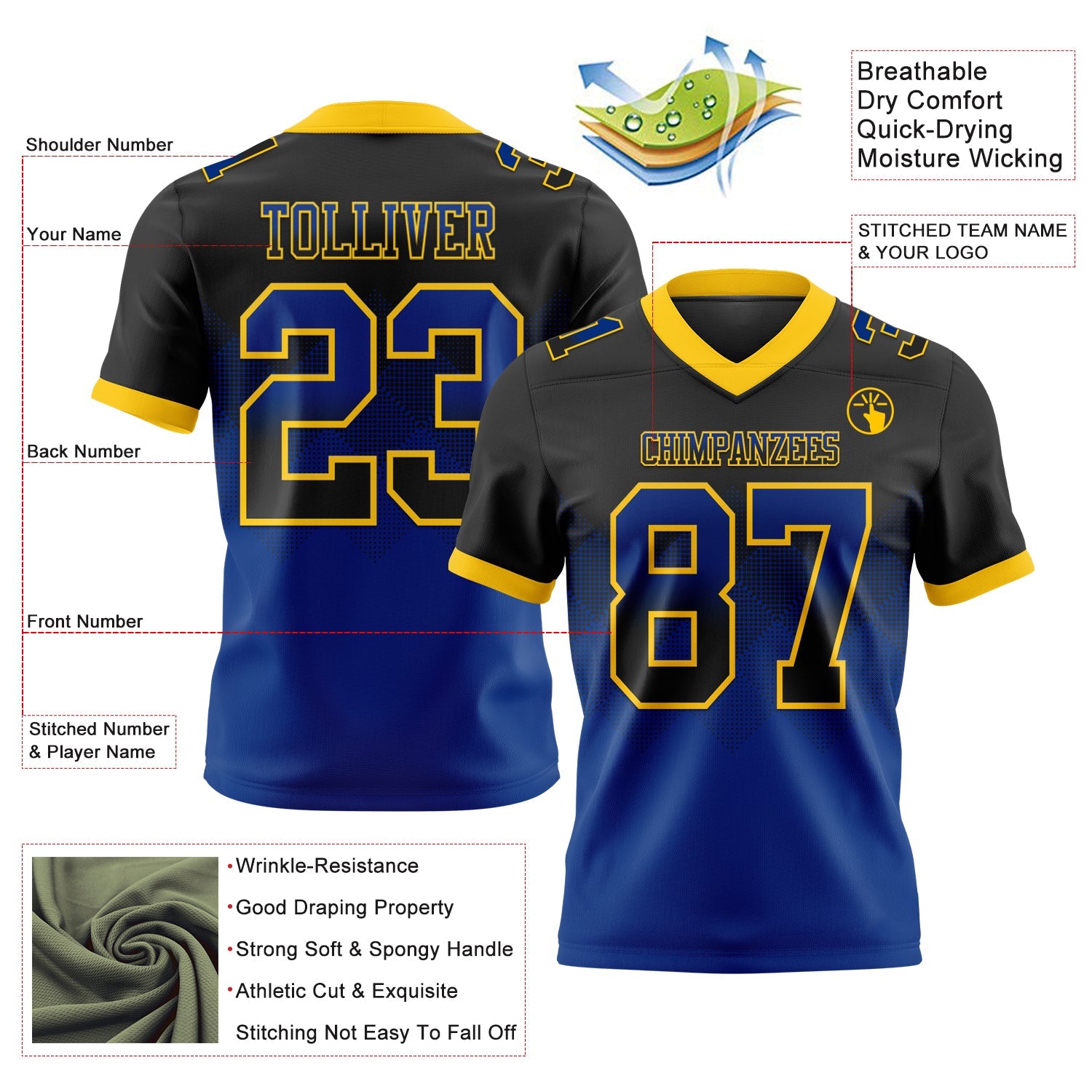 Custom Black Royal-Yellow Authentic Gradient Square Shape Flag Football Jersey