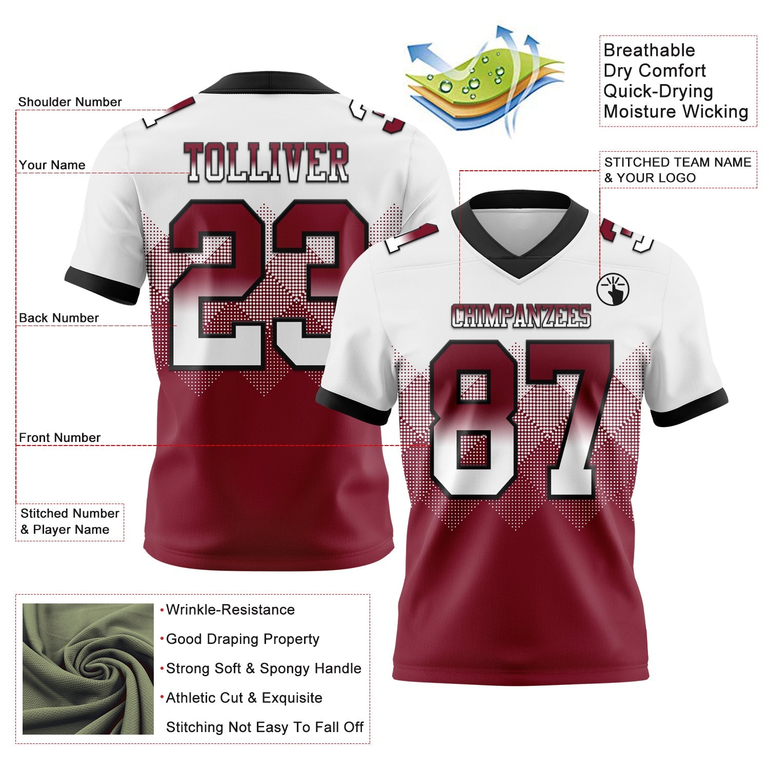Custom White Crimson-Black Authentic Gradient Square Shape Flag Football Jersey