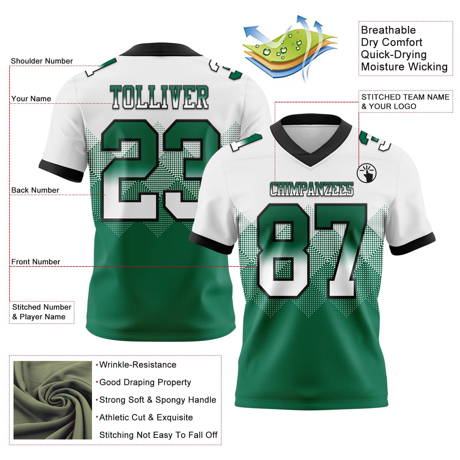 Custom White Kelly Green-Black Authentic Gradient Square Shape Flag Football Jersey