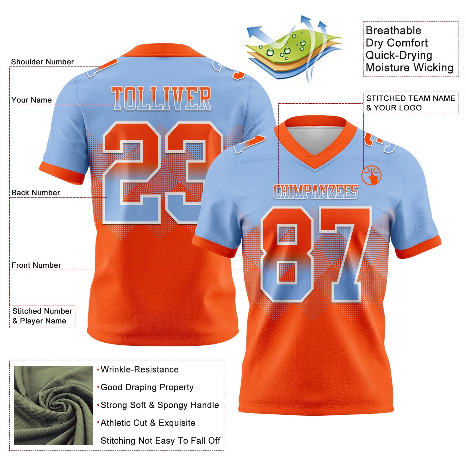 Custom Light Blue Orange-White Authentic Gradient Square Shape Flag Football Jersey