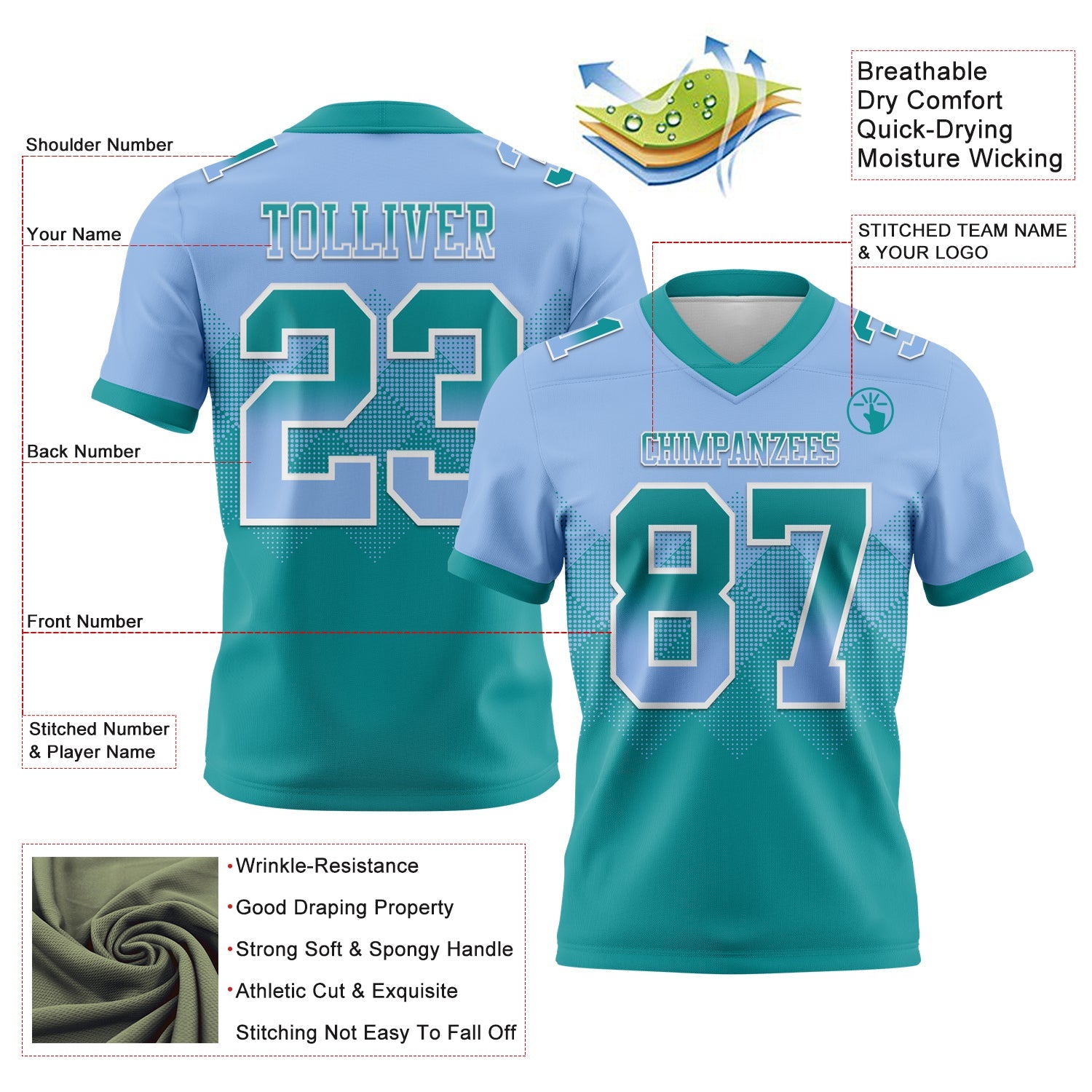 Custom Light Blue Teal-White Authentic Gradient Square Shape Flag Football Jersey