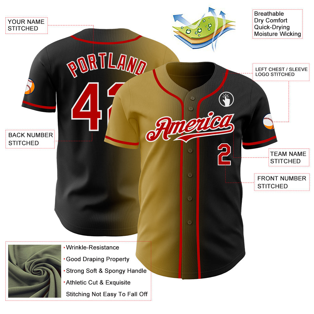 Custom Black Red Old Gold-White Authentic Gradient Fashion Baseball Jersey