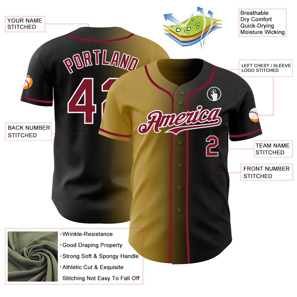 Custom Black Crimson Old Gold-White Authentic Gradient Fashion Baseball Jersey