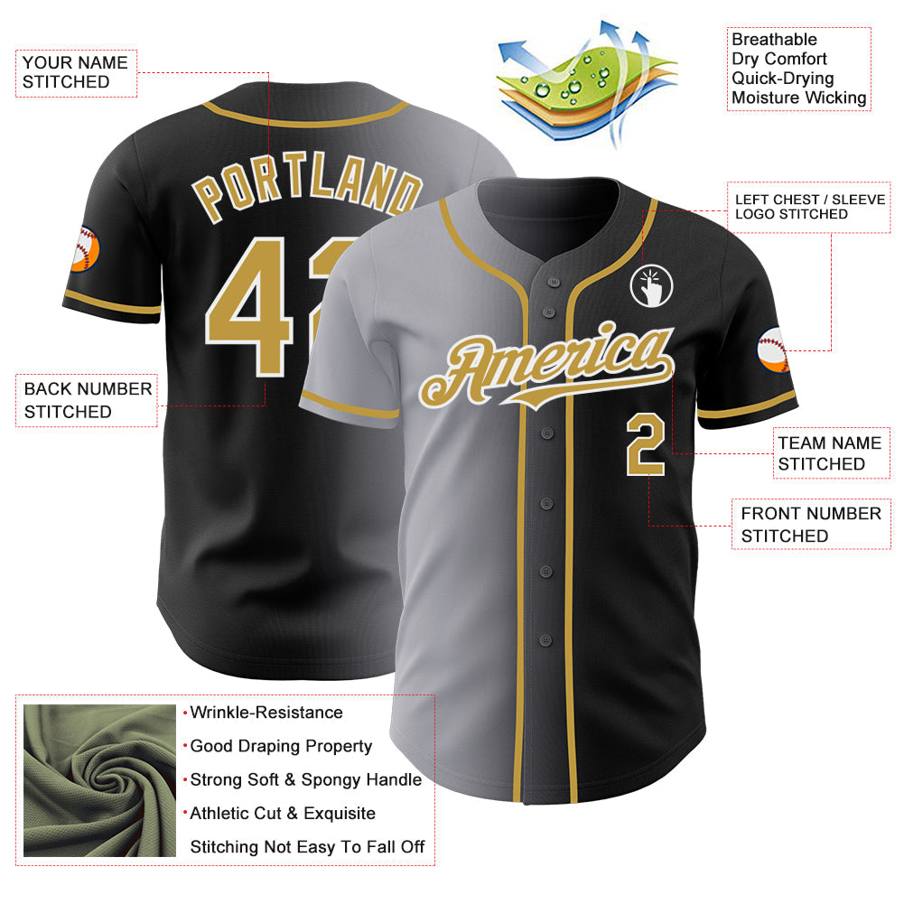 Custom Black Old Gold Gray-White Authentic Gradient Fashion Baseball Jersey