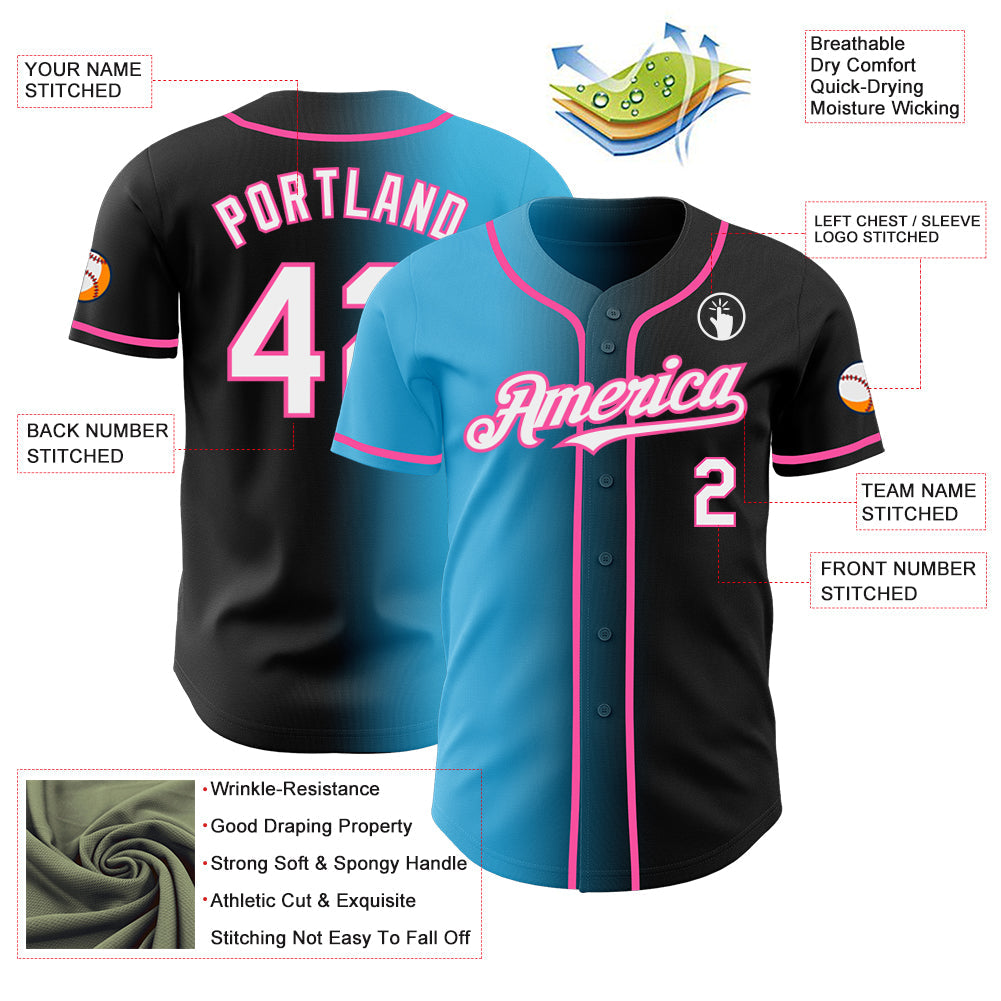 Custom Black White Sky Blue-Pink Authentic Gradient Fashion Baseball Jersey