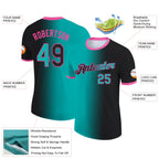 Custom Black Aqua-Pink Gradient Fashion Performance T-Shirt