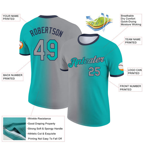 Custom Aqua Gray-Navy Gradient Fashion Performance T-Shirt