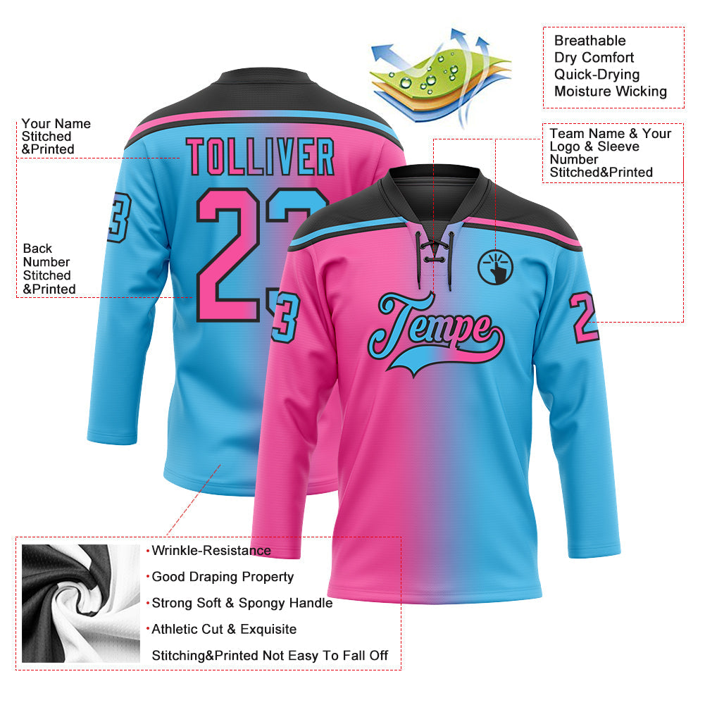 Custom Sky Blue Pink-Black Gradient Fashion Hockey Lace Neck Jersey