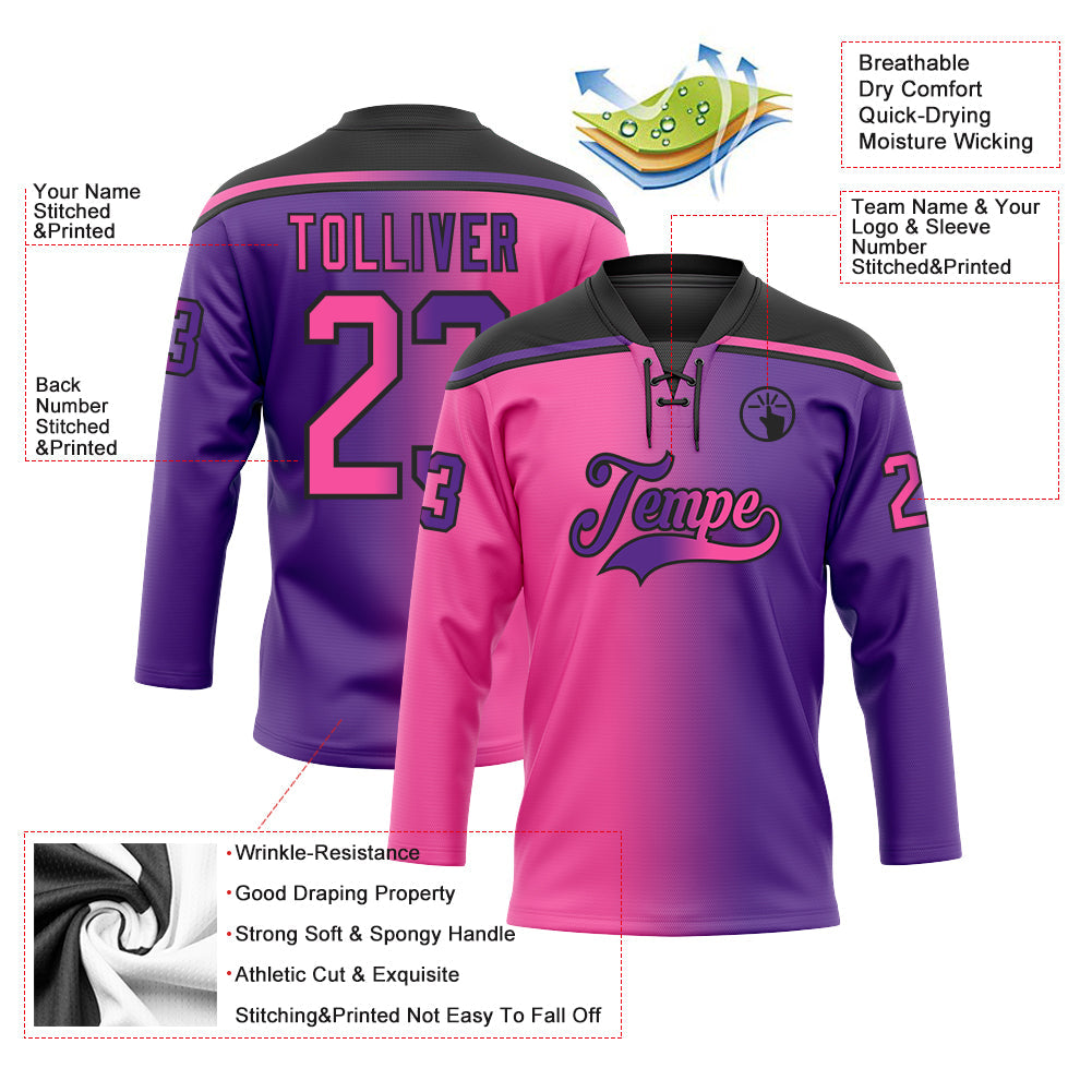 Custom Purple Pink-Black Gradient Fashion Hockey Lace Neck Jersey