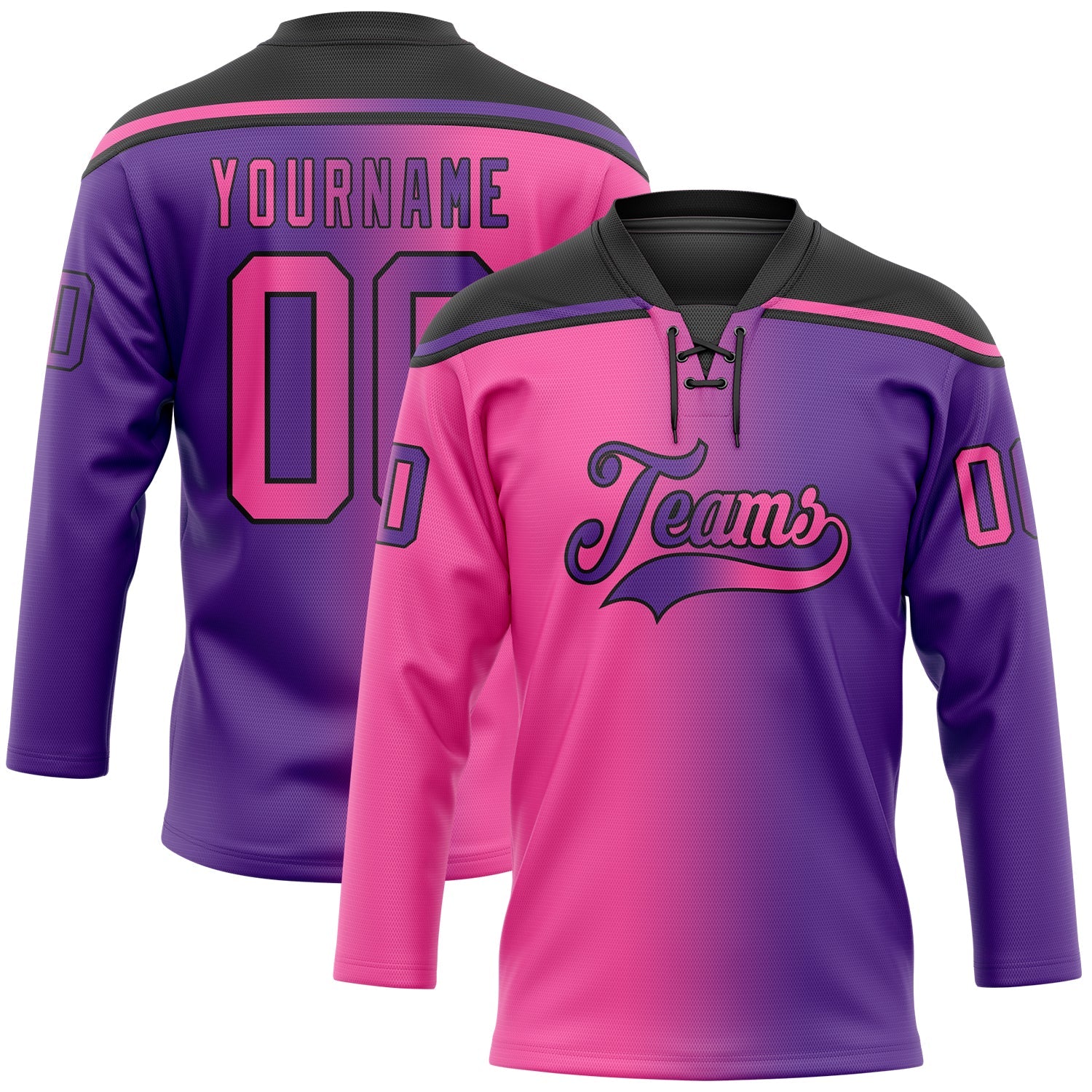 Custom Purple Pink-Black Gradient Fashion Hockey Lace Neck Jersey