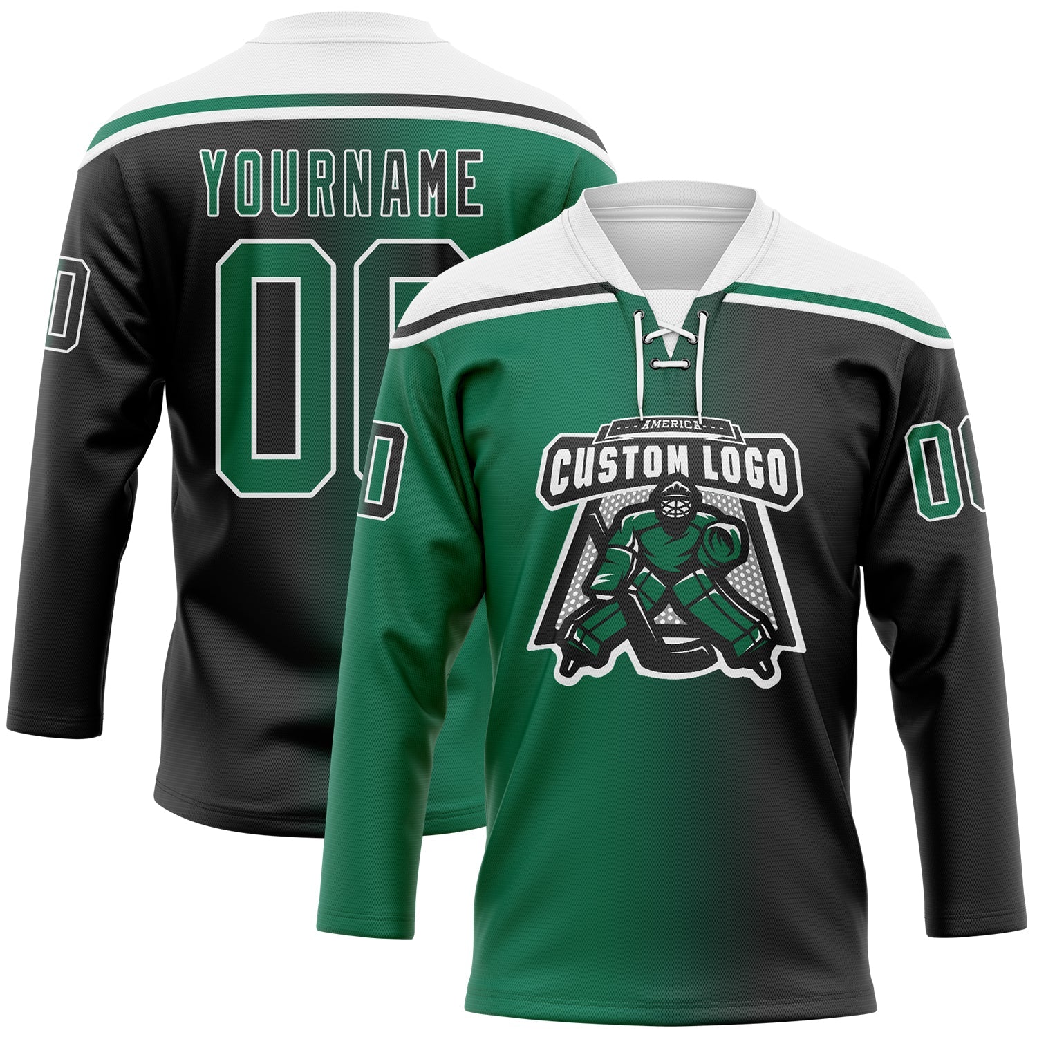 Custom Black Kelly Green-White Gradient Fashion Hockey Lace Neck Jersey