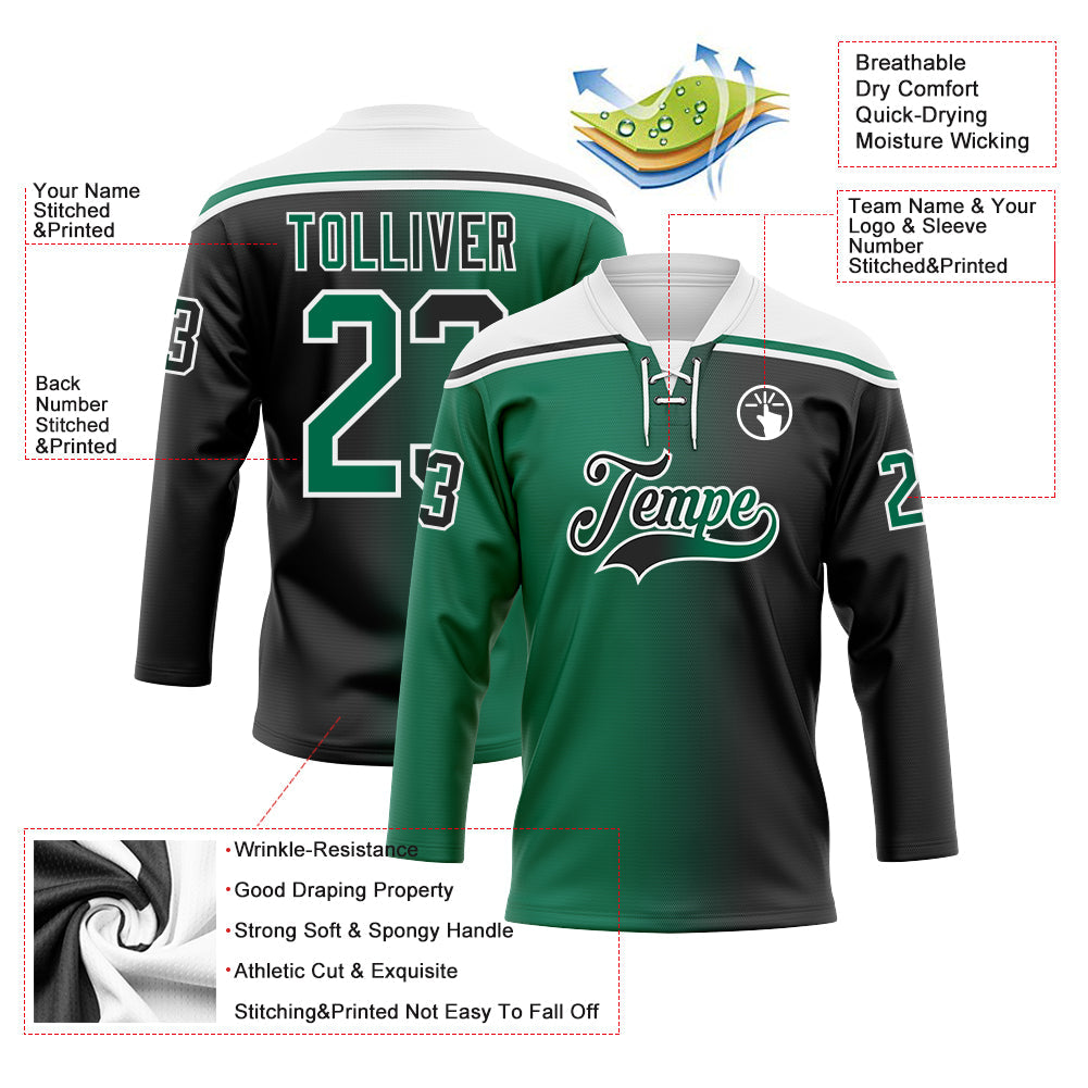 Custom Black Kelly Green-White Gradient Fashion Hockey Lace Neck Jersey