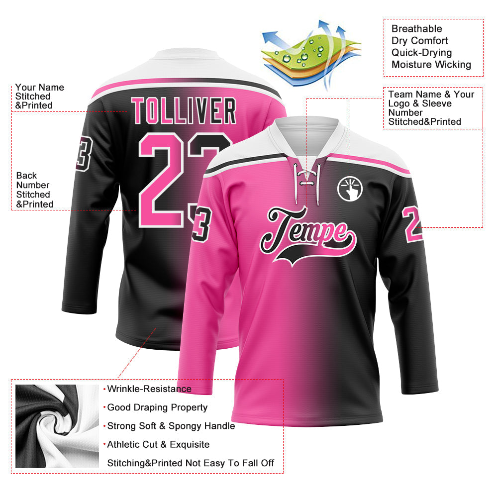 Custom Black Pink-White Gradient Fashion Hockey Lace Neck Jersey