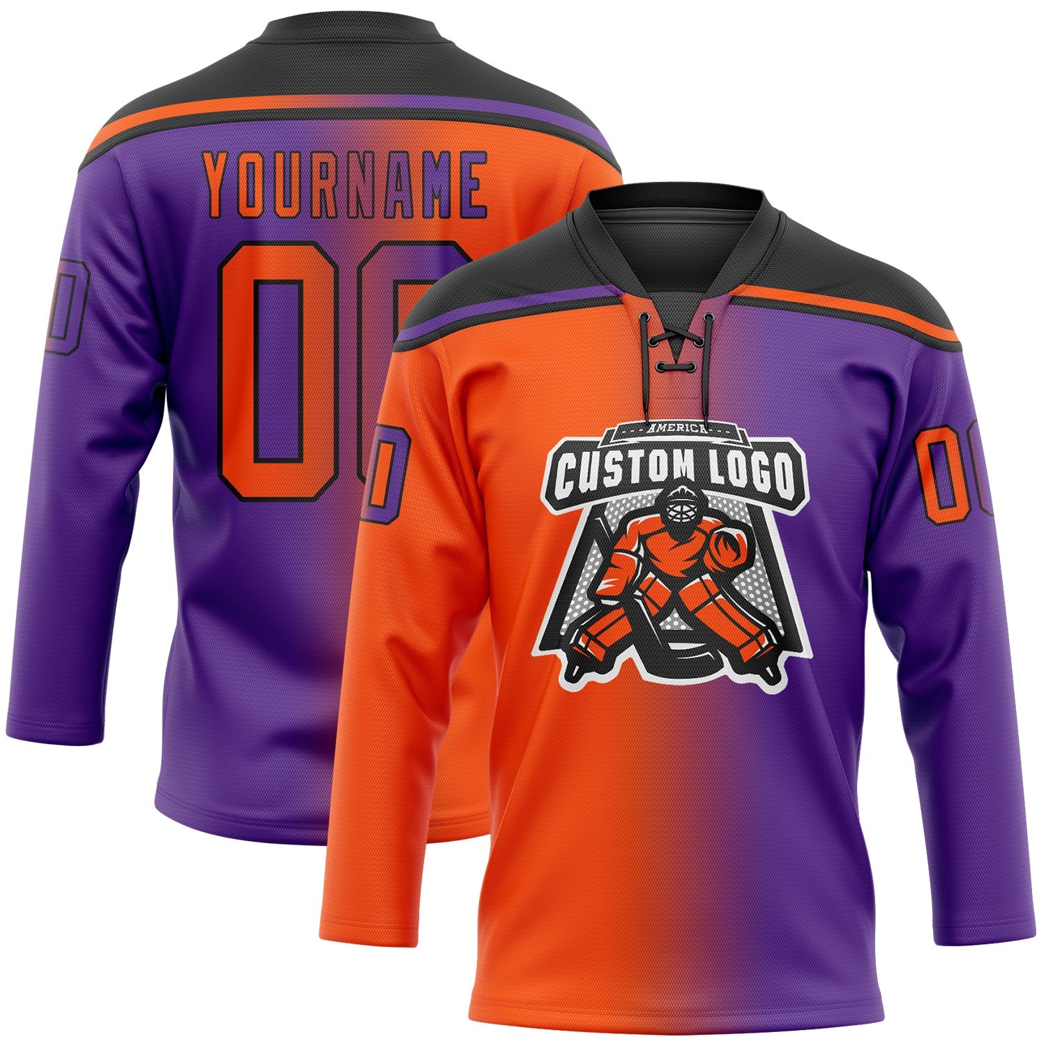 Custom Purple Orange-Black Gradient Fashion Hockey Lace Neck Jersey