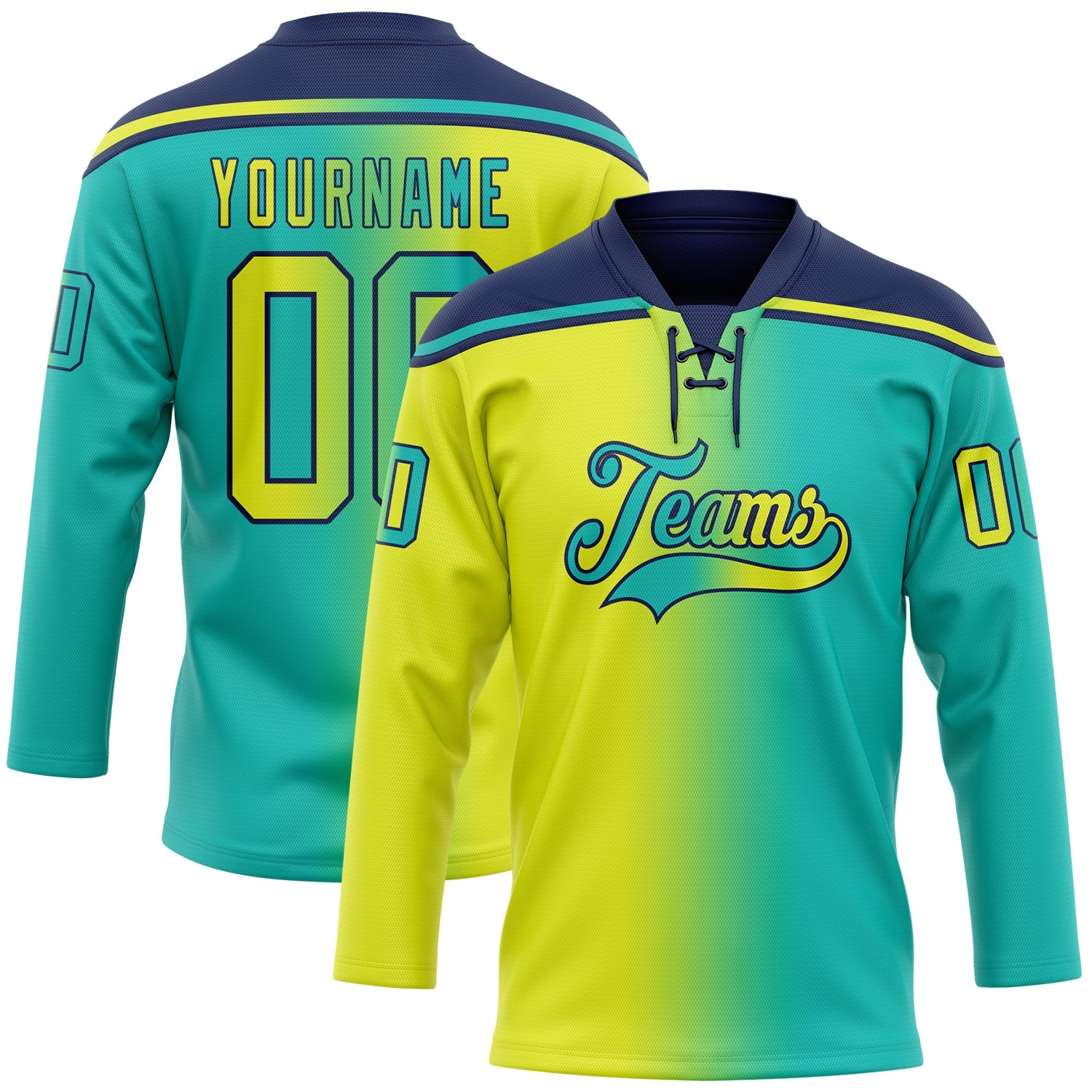 Custom Aqua Neon Yellow-Navy Gradient Fashion Hockey Lace Neck Jersey