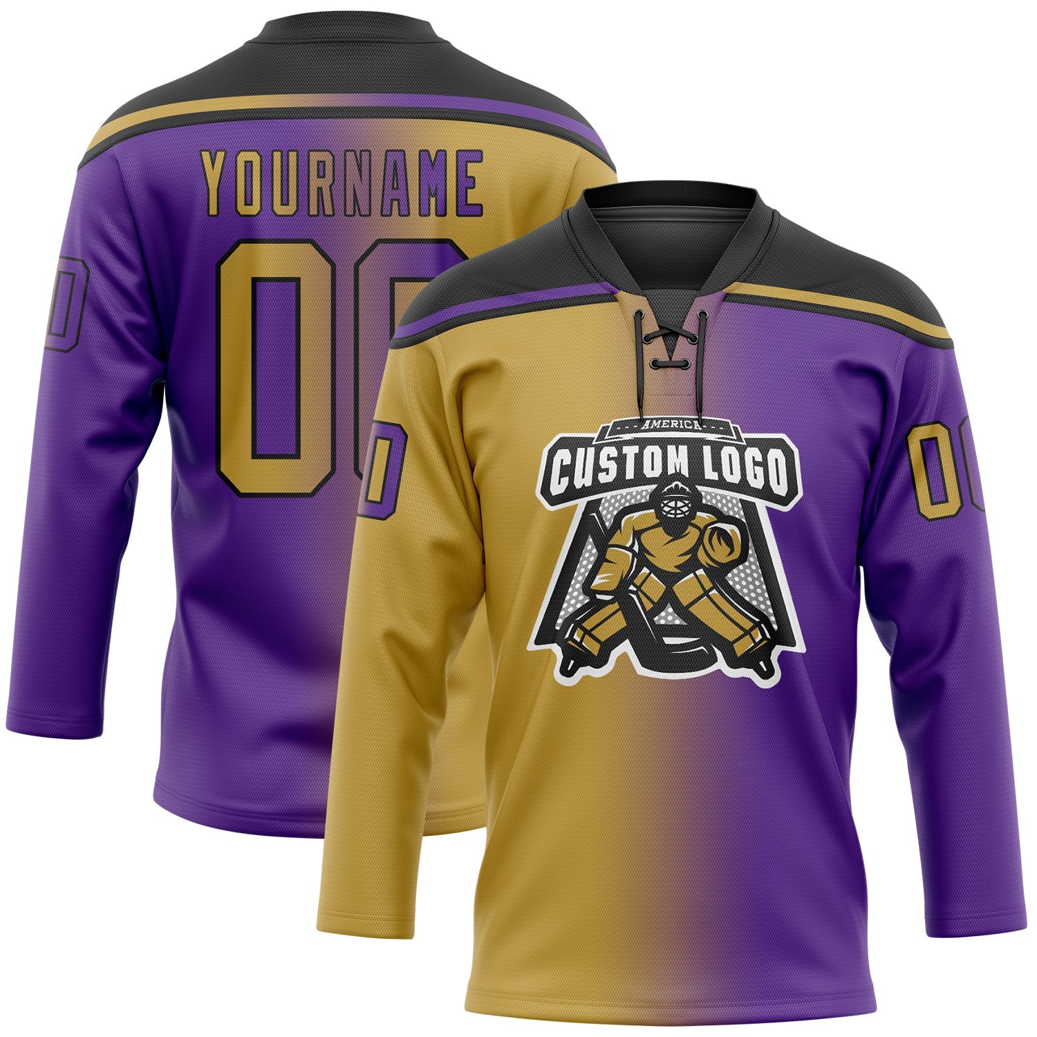 Custom Purple Old Gold-Black Gradient Fashion Hockey Lace Neck Jersey