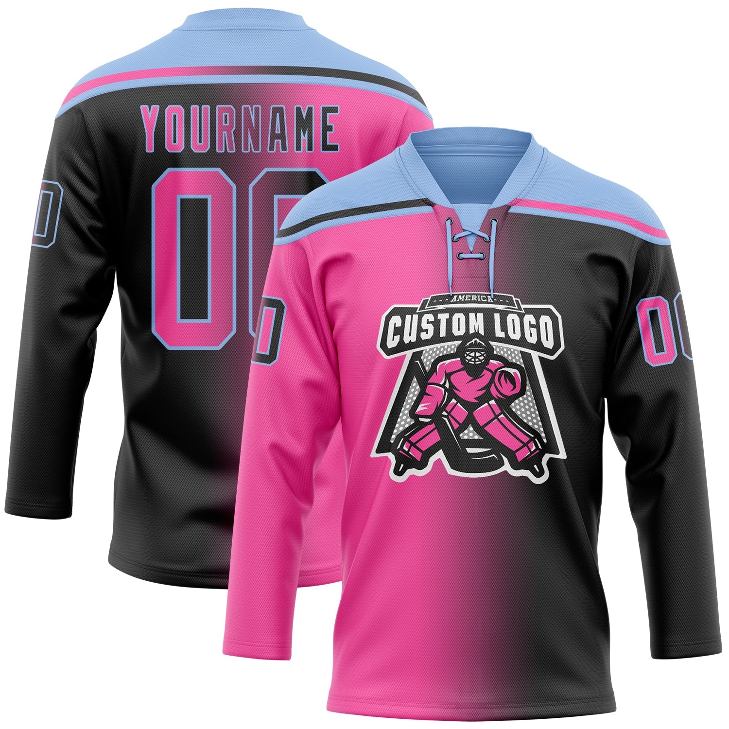 Custom Black Pink-Light Blue Gradient Fashion Hockey Lace Neck Jersey