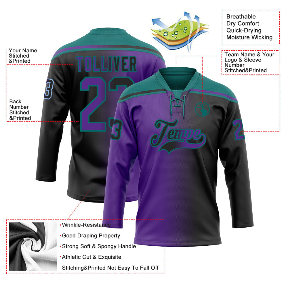 Custom Black Purple-Teal Gradient Fashion Hockey Lace Neck Jersey