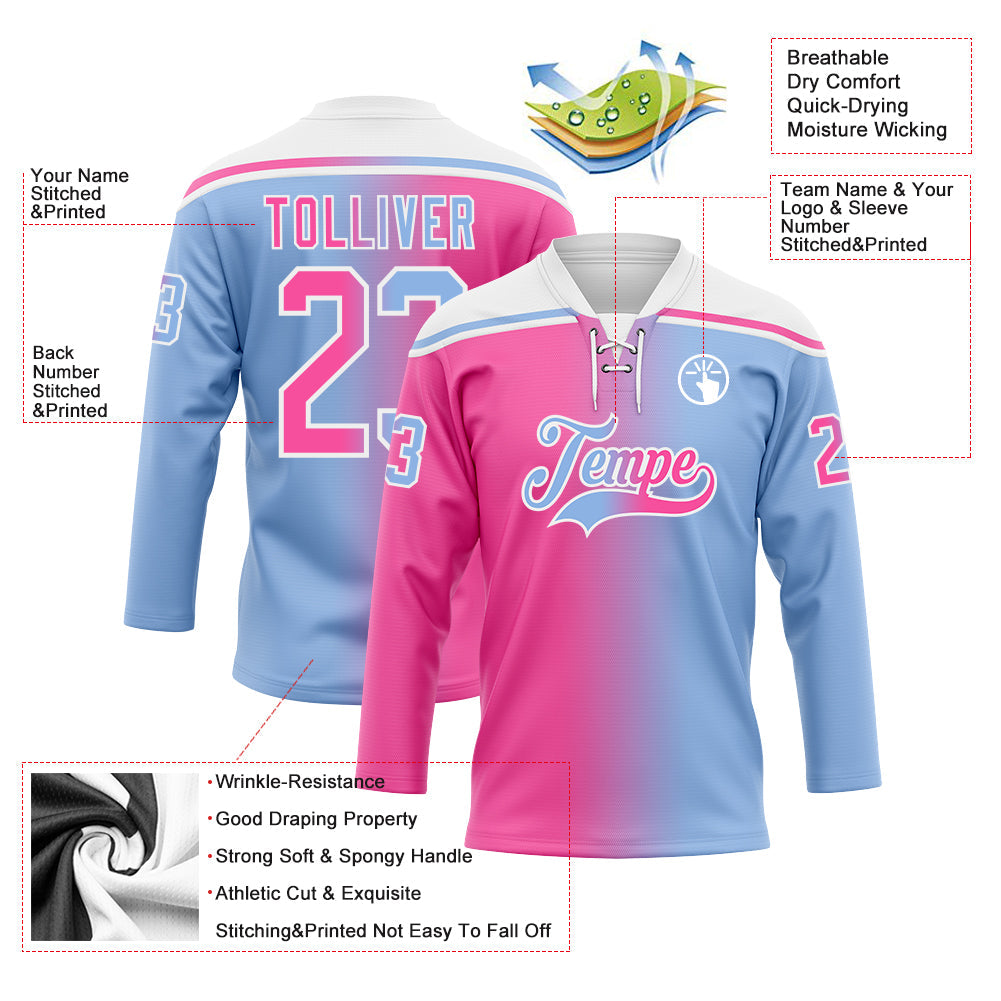 Custom Light Blue Pink-White Gradient Fashion Hockey Lace Neck Jersey