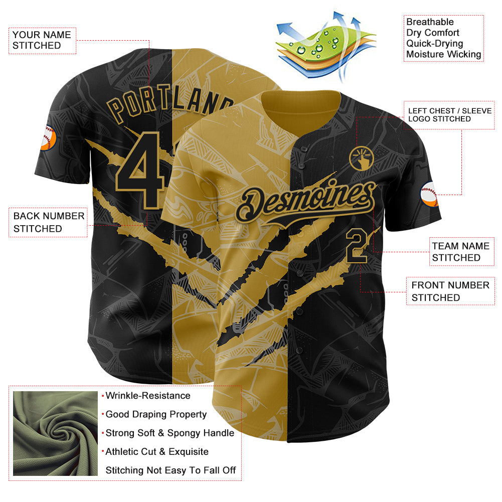 Custom Graffiti Pattern Black-Old Gold 3D Scratch Authentic Baseball Jersey
