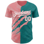 Custom Graffiti Pattern White Teal-Medium Pink 3D Scratch Authentic Baseball Jersey