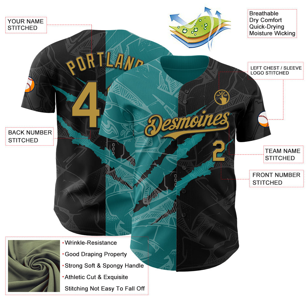 Custom Graffiti Pattern Old Gold Black-Teal 3D Scratch Authentic Baseball Jersey