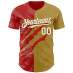 Custom Graffiti Pattern White Old Gold-Red 3D Scratch Authentic Baseball Jersey