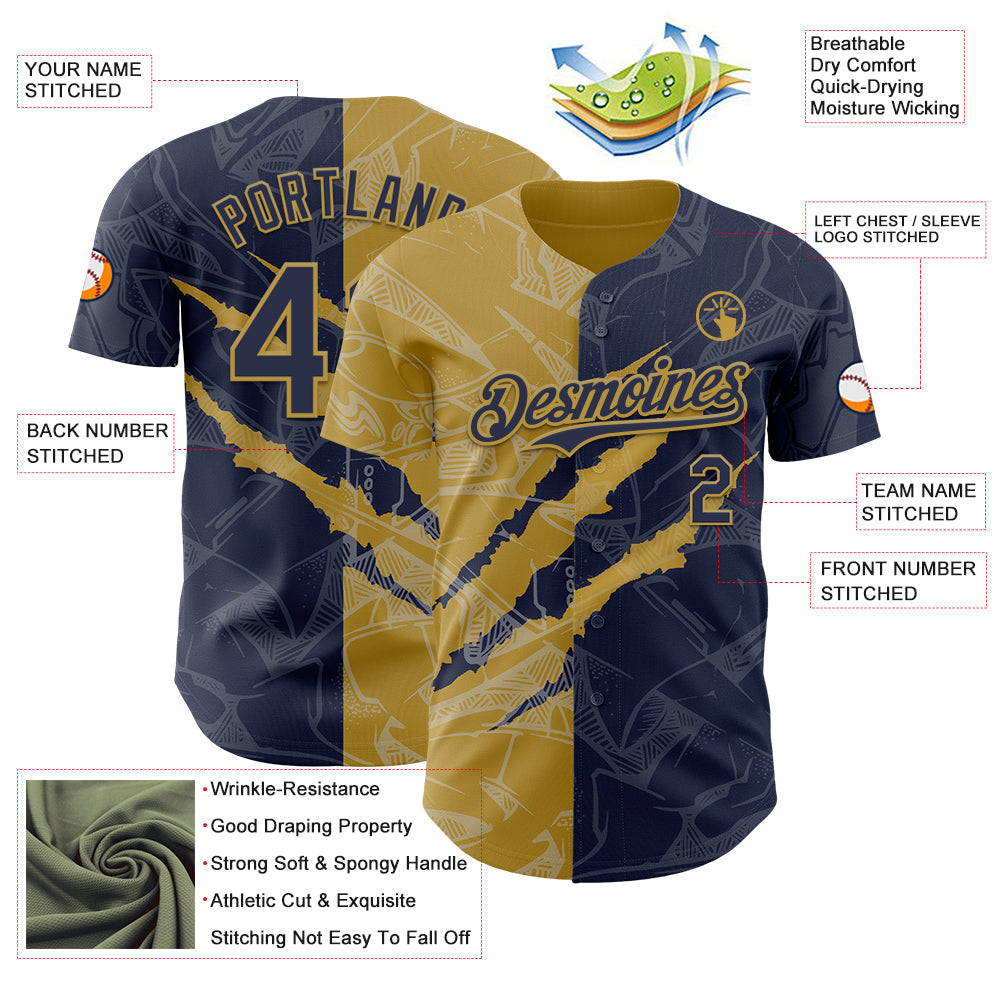 Custom Graffiti Pattern Navy-Old Gold 3D Scratch Authentic Baseball Jersey