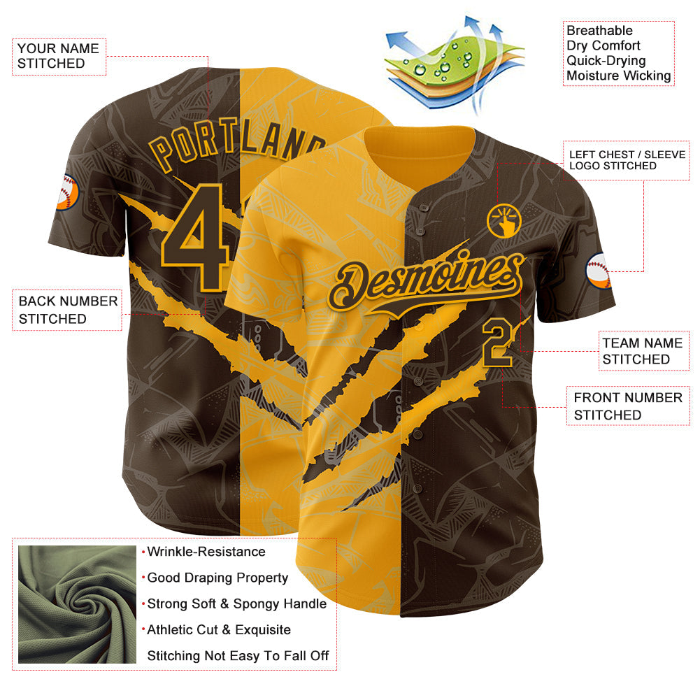 Custom Graffiti Pattern Brown-Gold 3D Scratch Authentic Baseball Jersey