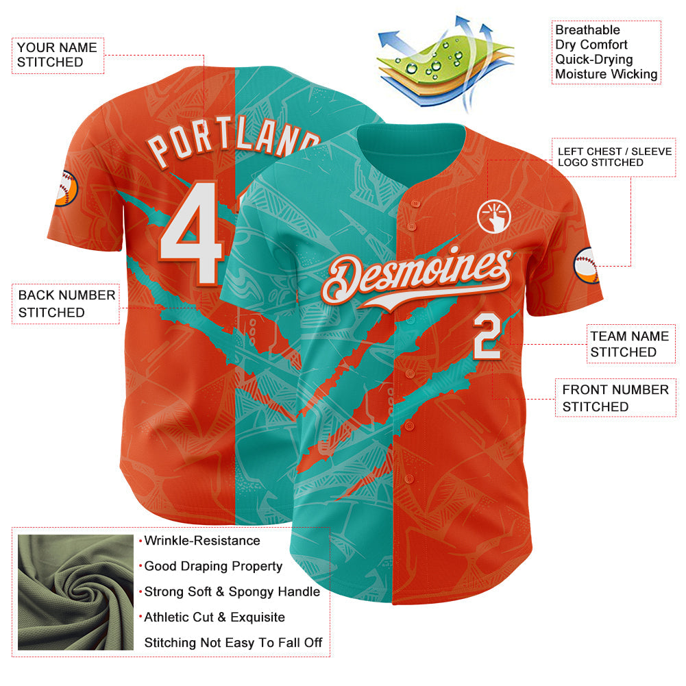 Custom Graffiti Pattern White Orange-Aqua 3D Scratch Authentic Baseball Jersey